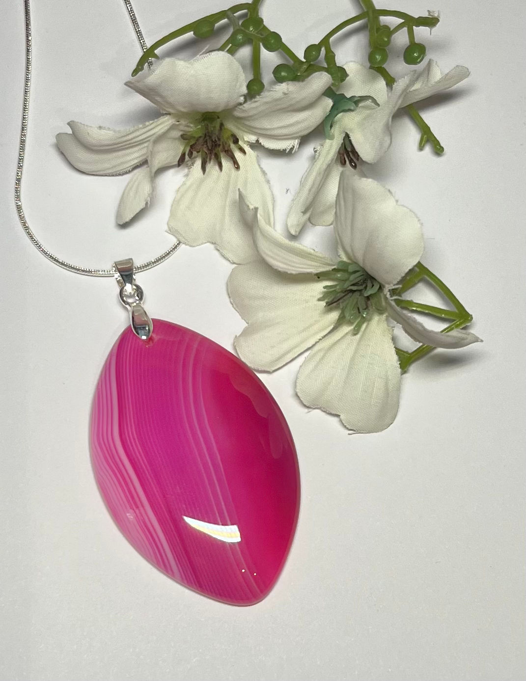 Vibrant Pink Banded Agate Teardrop Pendant Necklace
