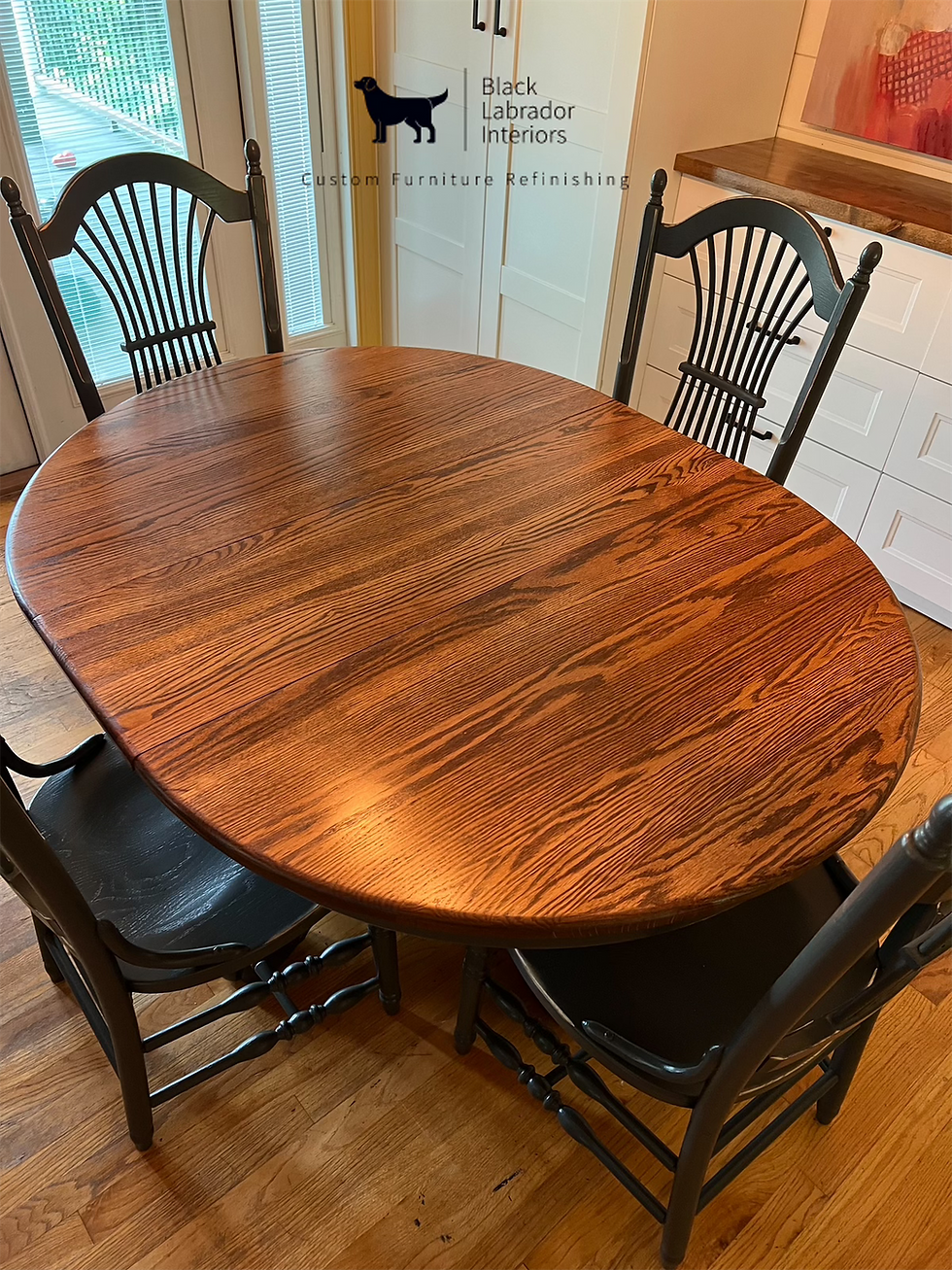 Thumbnail: Gorgeous Refinished Solid Oak Amish Round Table with Leaf & 4 Chairs Set (Sold)