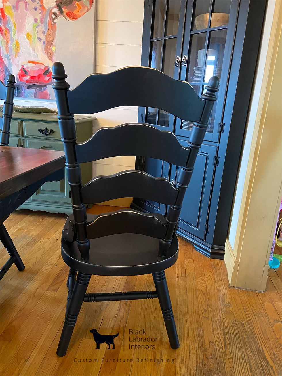 Thumbnail: Gorgeous Refinished Solid Wood Farmhouse Trestle Table and 6 Chairs Set (Sold)