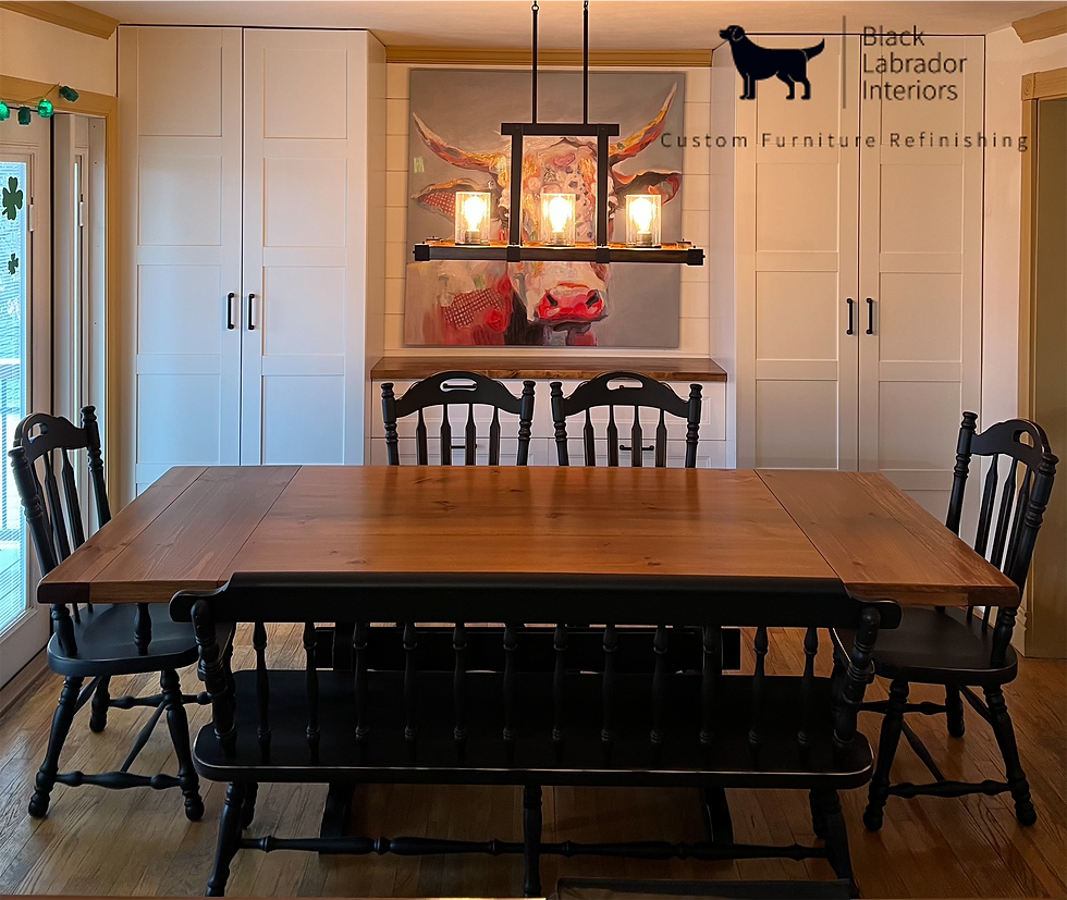 Thumbnail: Beautifully Refinished Trestle Table with 5 Chairs (1 captain) and Bench (Sold)