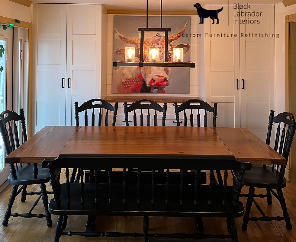 Thumbnail: Beautifully Refinished Trestle Table with 5 Chairs (1 captain) and Bench (Sold)