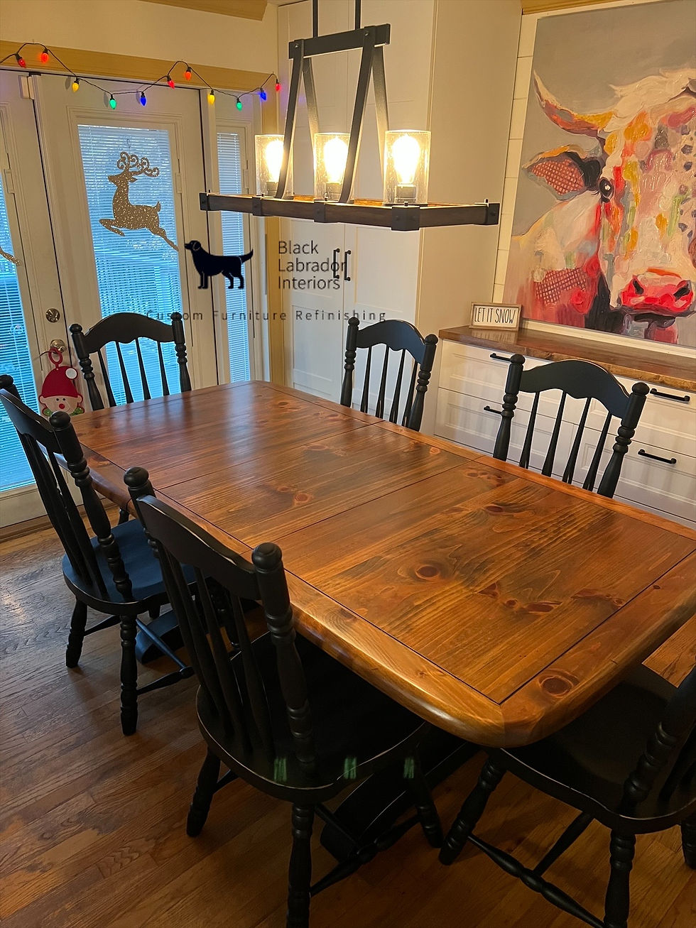 Thumbnail: Gorgeous Refinished Farmhouse Trestle Table Dining Set With 1 Leaf (Sold)