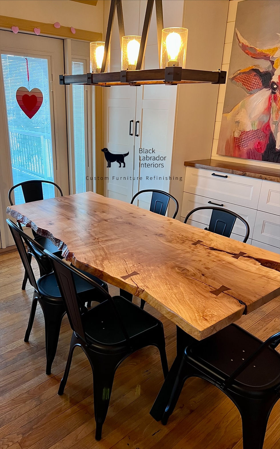 Thumbnail: Live Edge Solid Cherry Wood Table with 6 Metal Chairs Dining Room Set (Sold)