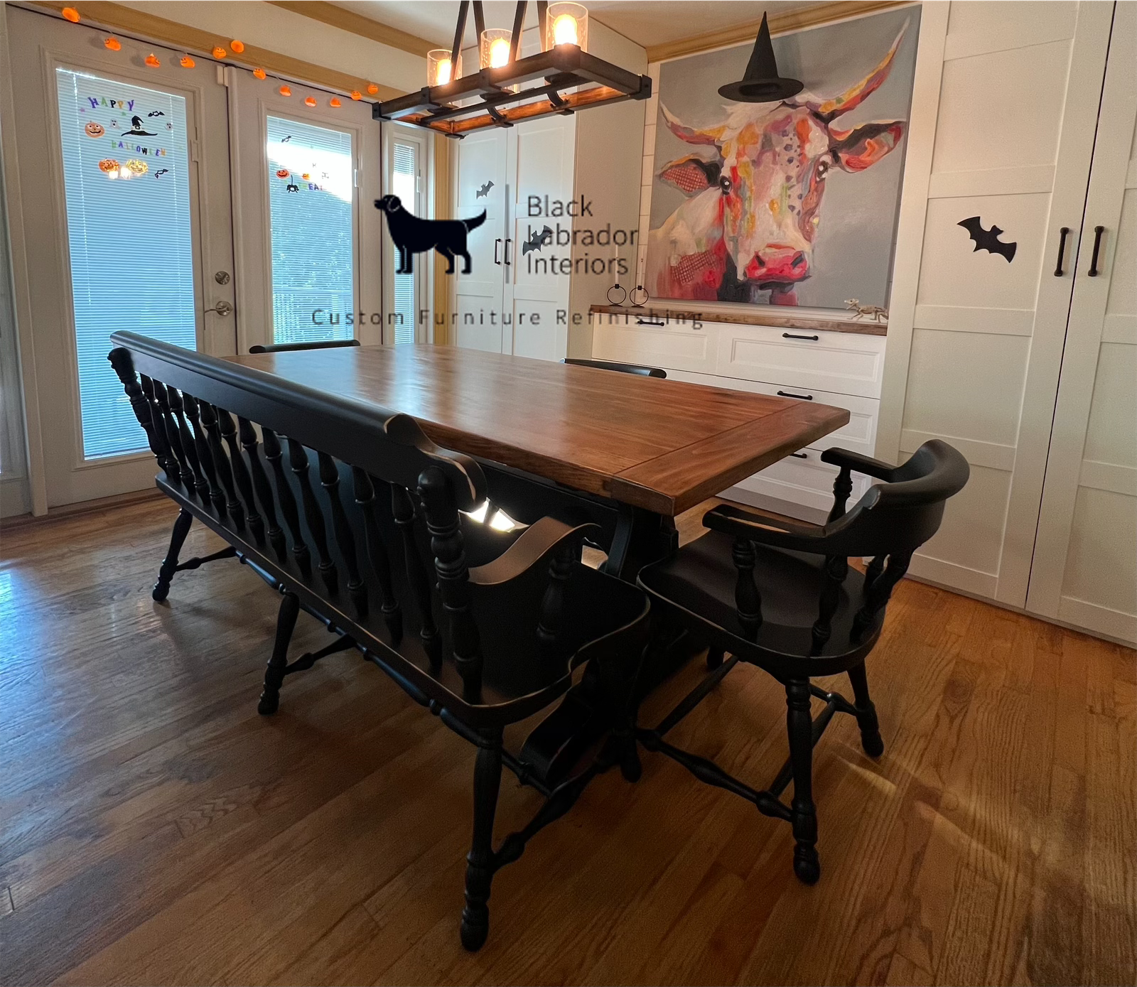 Beautifully Refinished Ethan Allen Trestle Table and Bench Dining set (Sold) 