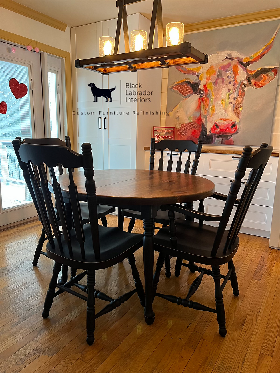 Thumbnail: Gorgeous Refinished Round Solid Wood Table, 2 Leaves, and 6 Chairs Set (Sold)