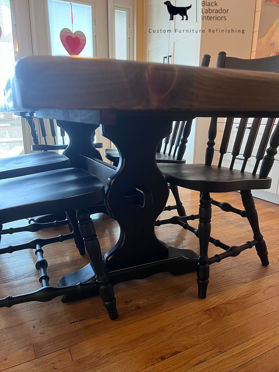 Thumbnail: Gorgeous Refinished Farmhouse Trestle Table with 2 leaves and 6 chairs (Sold)