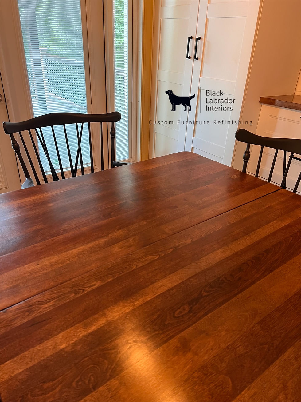 Thumbnail: Farmhouse Refinished Dining Set with 6 Ethan Allen Chairs and 2 leaves (Sold)