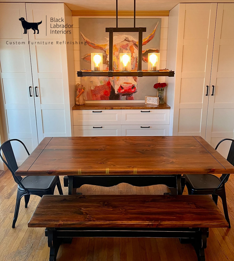 Thumbnail: Solid Pine Trestle Table with 2 Benches and 2 Black Metal Chairs(Sold)