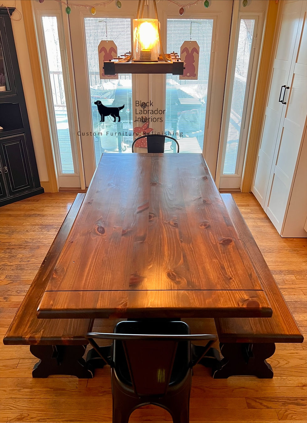 Thumbnail: Solid Pine Trestle Table with 2 Benches and 2 Black Metal Chairs(Sold)
