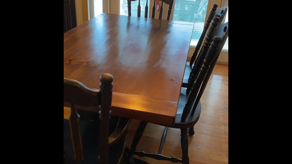 Thumbnail: Gorgeous Refinished Farmhouse Trestle Table with 4 Chairs and a Bench (Sold)