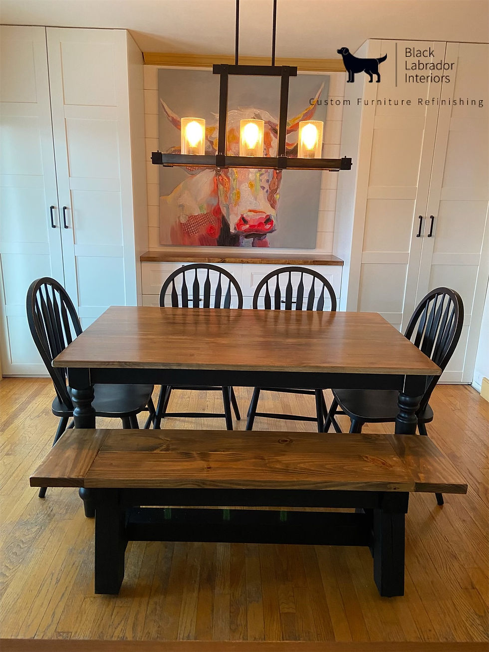 Thumbnail: Gorgeous Refinished Solid Wood Farmhouse Table, 4 Chairs & Bench Set (Sold)