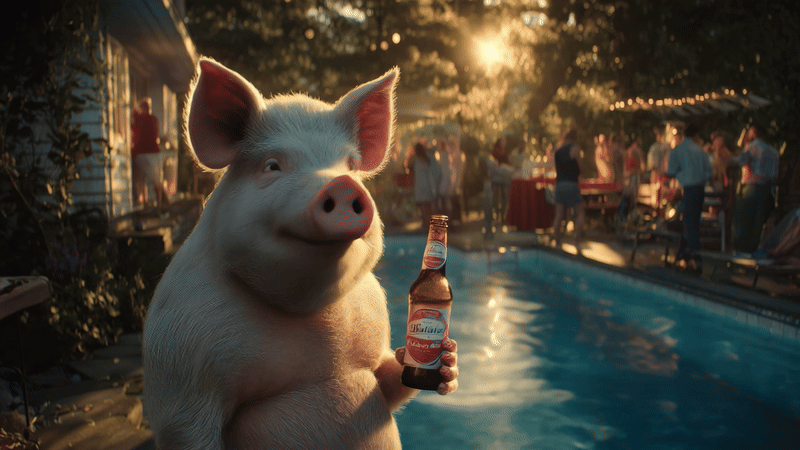 Anthropomorphic pig character holding a beer