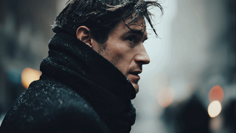 Cinematic man walking in cold urban atmosphere