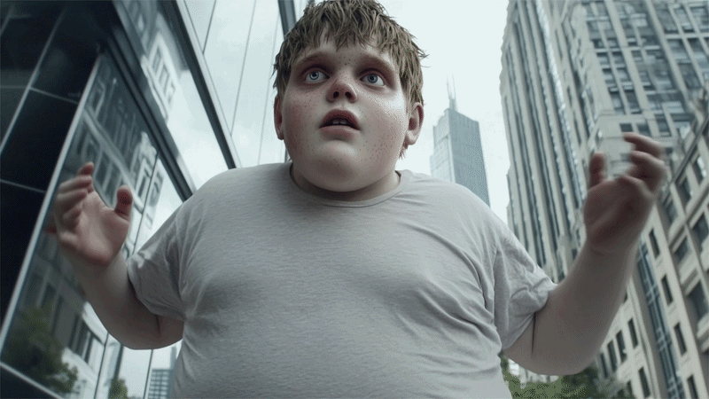 Large child character in cinematic urban setting