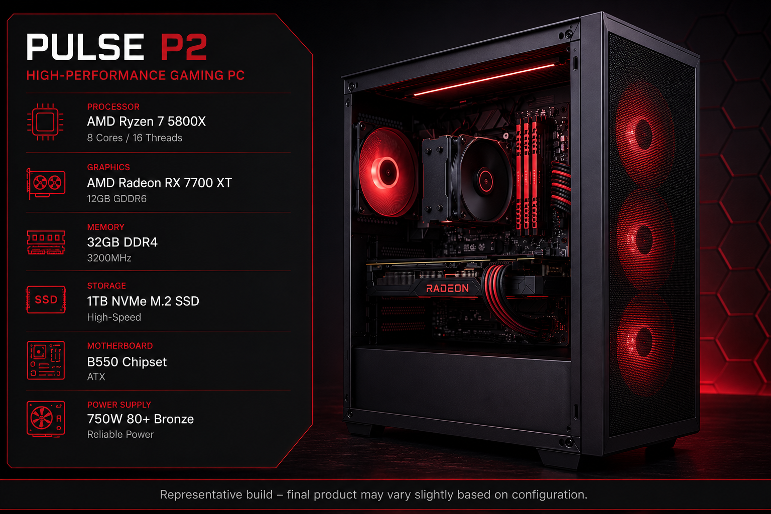 ForgeOne Pulse P2 gaming PC with Ryzen 7 5800X, RX 7700 XT, 32GB DDR4, and 1TB NVMe SSD