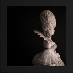 Conceptual fine art of Marie Antionette in all white walking towards guillotine