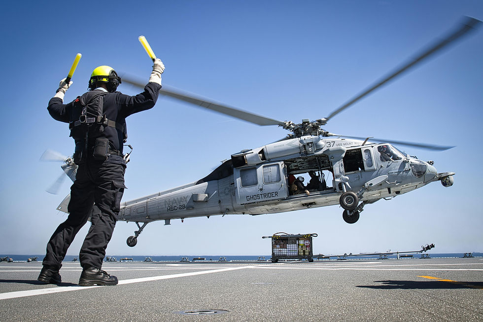 helicopter being directed to land on a ship
