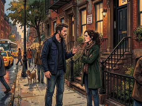 Two people speaking to each other in front of a building