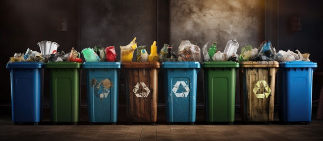 Row of overflowing blue, green, and brown recycling bins with mixed trash, bad books, and recyclables in a dim room, messy and cluttered.