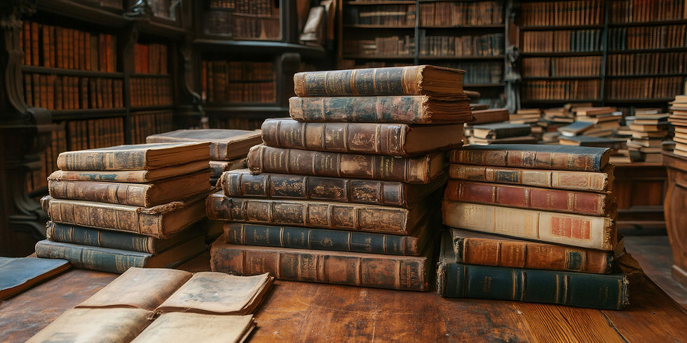 Stacks of worn antique books on a wooden table in a dim library, with shelves of old volumes in the background.
