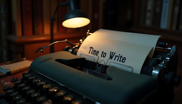 a typewriters with the words Time to Write typed on the paper with a light in the background