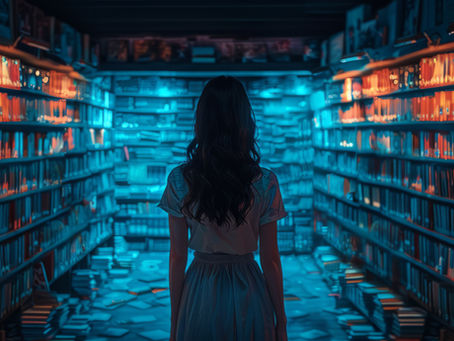 A woman standing before a stack of books