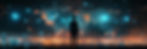 Silhouette of a person facing a digital world map lit with blue and orange. Cityscape below reflects a futuristic tech theme, evoking awe.