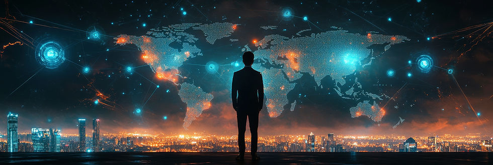 A man standing in front of a neon computer image of the continents and a city in the background