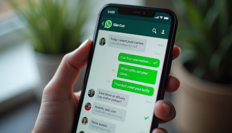 Vista frontal de un teléfono móvil mostrando la pantalla de WhatsApp Business con mensajes de clientes