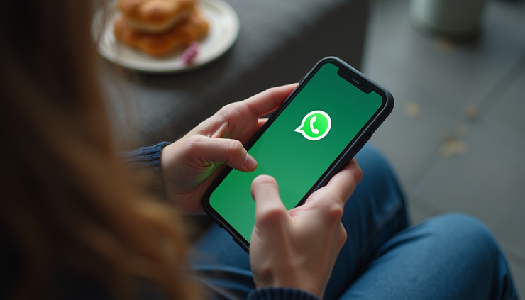 Vista aérea de una persona usando un teléfono móvil para enviar mensajes de WhatsApp en un entorno relajado