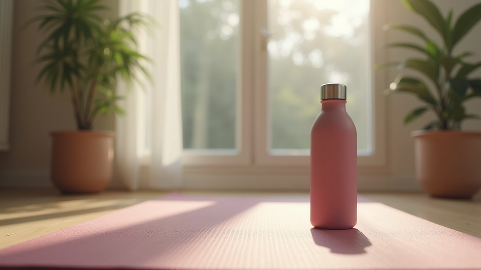 Eye-level view of a yoga mat with a water bottle and a plant