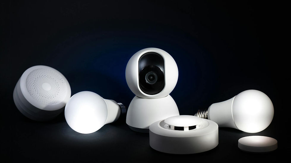 A collection of smart home devices, including bulbs and security cameras, on a dark background.