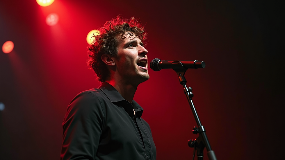 Close-up view of Kai Schauer performing on stage with emotional expression