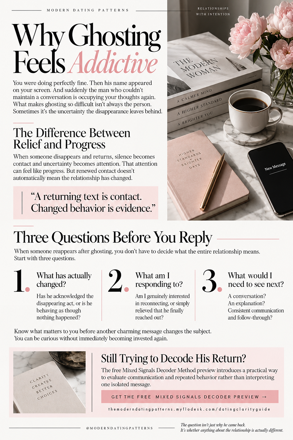 Infographic about ghosting in dating, with pink book, coffee, phone, and flowers; text says Why Ghosting Feels Addictive.