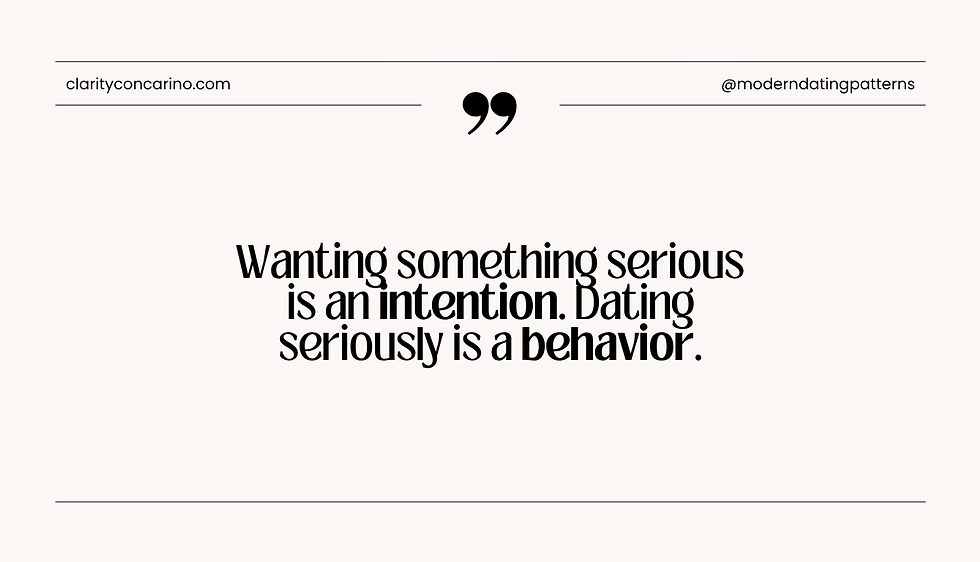 Minimal quote graphic on beige background with black text: Wanting something serious is an intention. Dating seriously is a behavior.