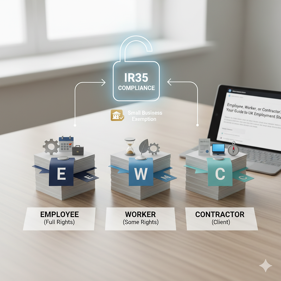 Three stacks (Employee, Worker, Contractor) linked by an IR35 Compliance lock with exemption tag