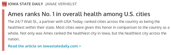 Ames ranked No. 1 in overall health
