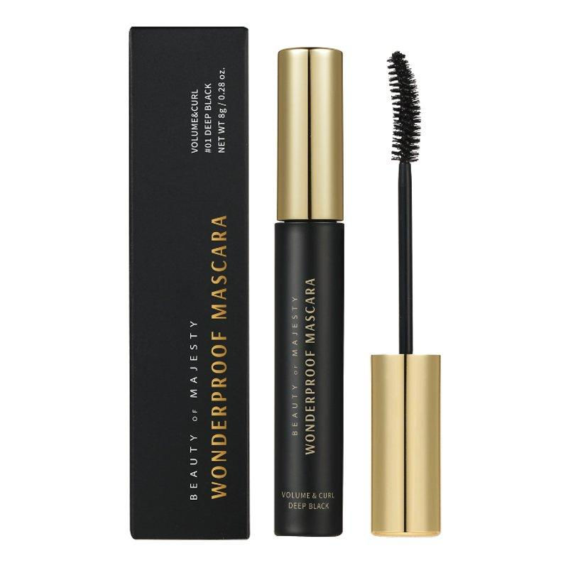 B.O.M Wonderproof Mascara Volume & Curl #01 Deep Black 8g, a Korean waterproof volumizing and curling mascara with a curved b