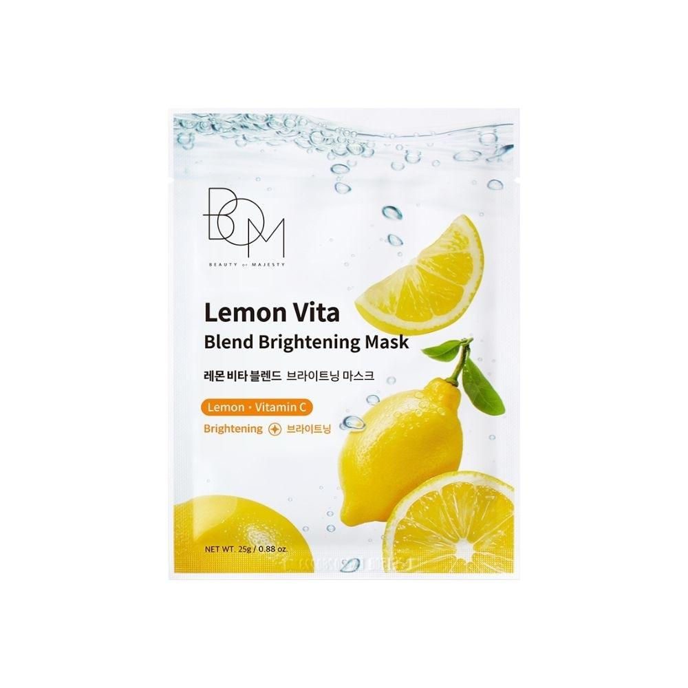 B.O.M Lemon Vita Blend Brightening Mask, a Korean 10-sheet facial mask with lemon extract, Vitamin C, niacinamide and Green T