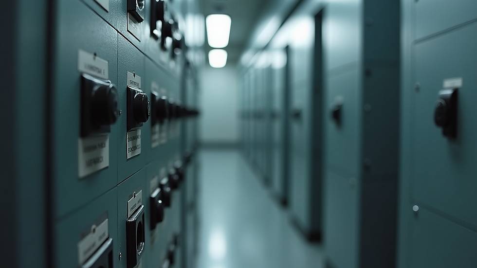 Eye-level view of commercial electrical panel with circuit breakers
