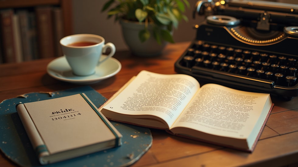 High angle view of a calm workspace with a cup of tea and a meditation book