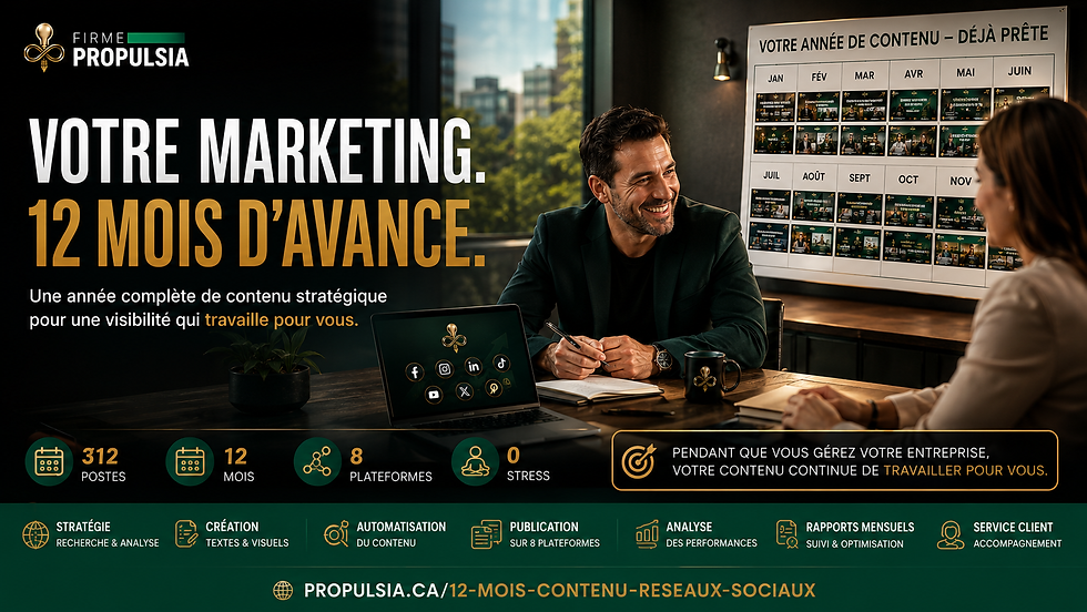 Affiche Propulsia: un homme souriant planifie du contenu avec une femme; calendrier annuel, bureau moderne, texte 12 mois d’avance.