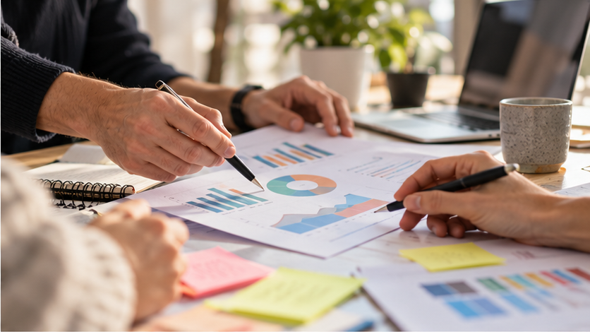 Mains de collaborateurs analysant des graphiques imprimés.