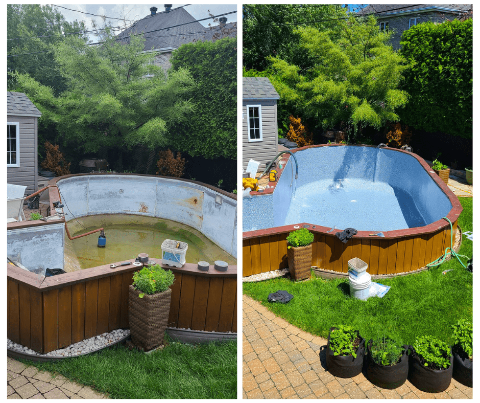 Avant-Apèrs. Perrin piscines et spas. Installation de piscines et spas. Spa de nage. Pisci