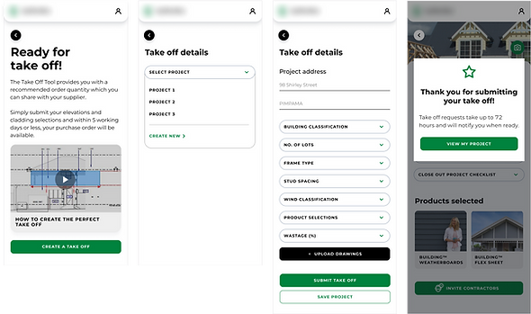 Website screens showing how a user can fill out the take off form.