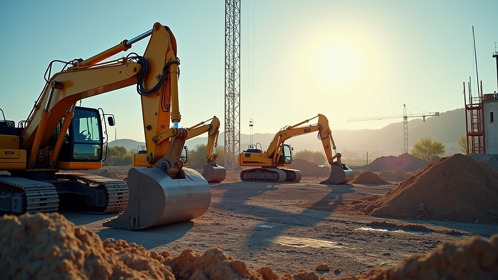 Wide angle view of construction site with heavy machinery and GPS technology