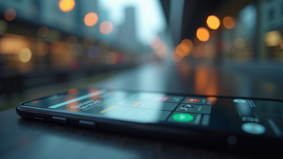 Eye-level view of a smartphone displaying a modern app interface