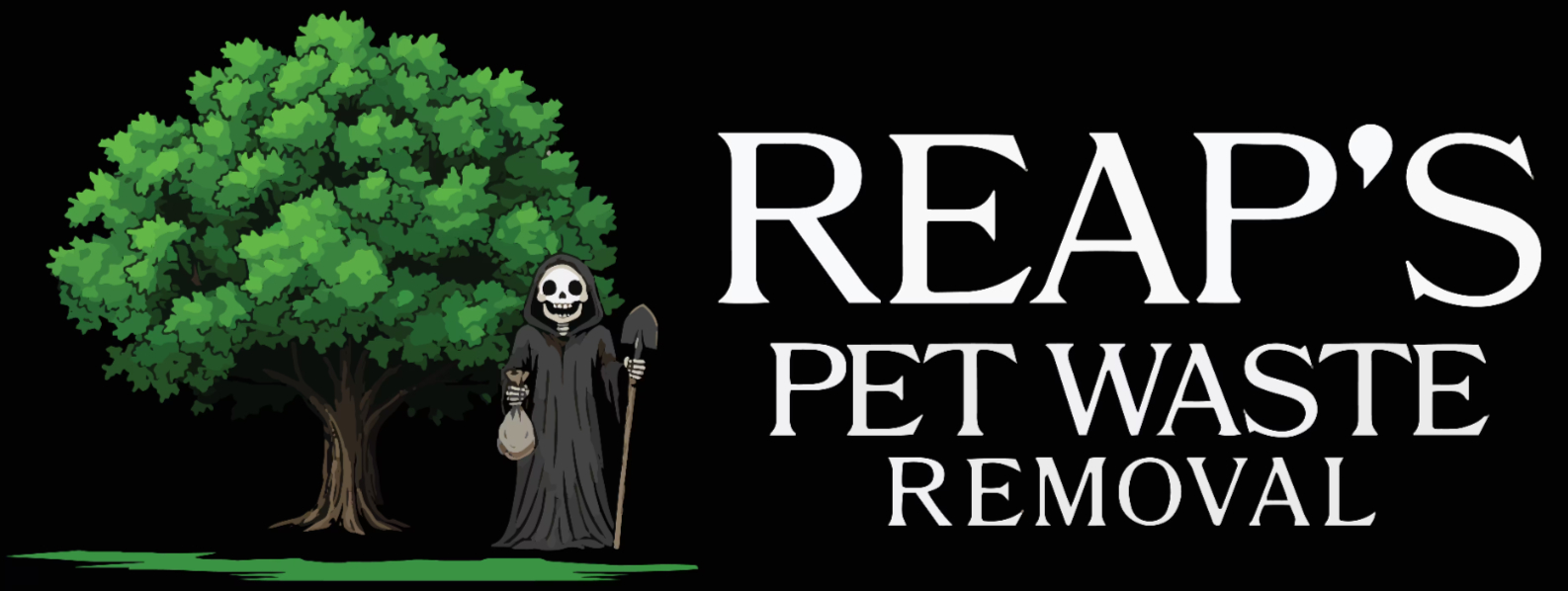 Reap’s Pet Waste Removal logo featuring tree and reaper icon
