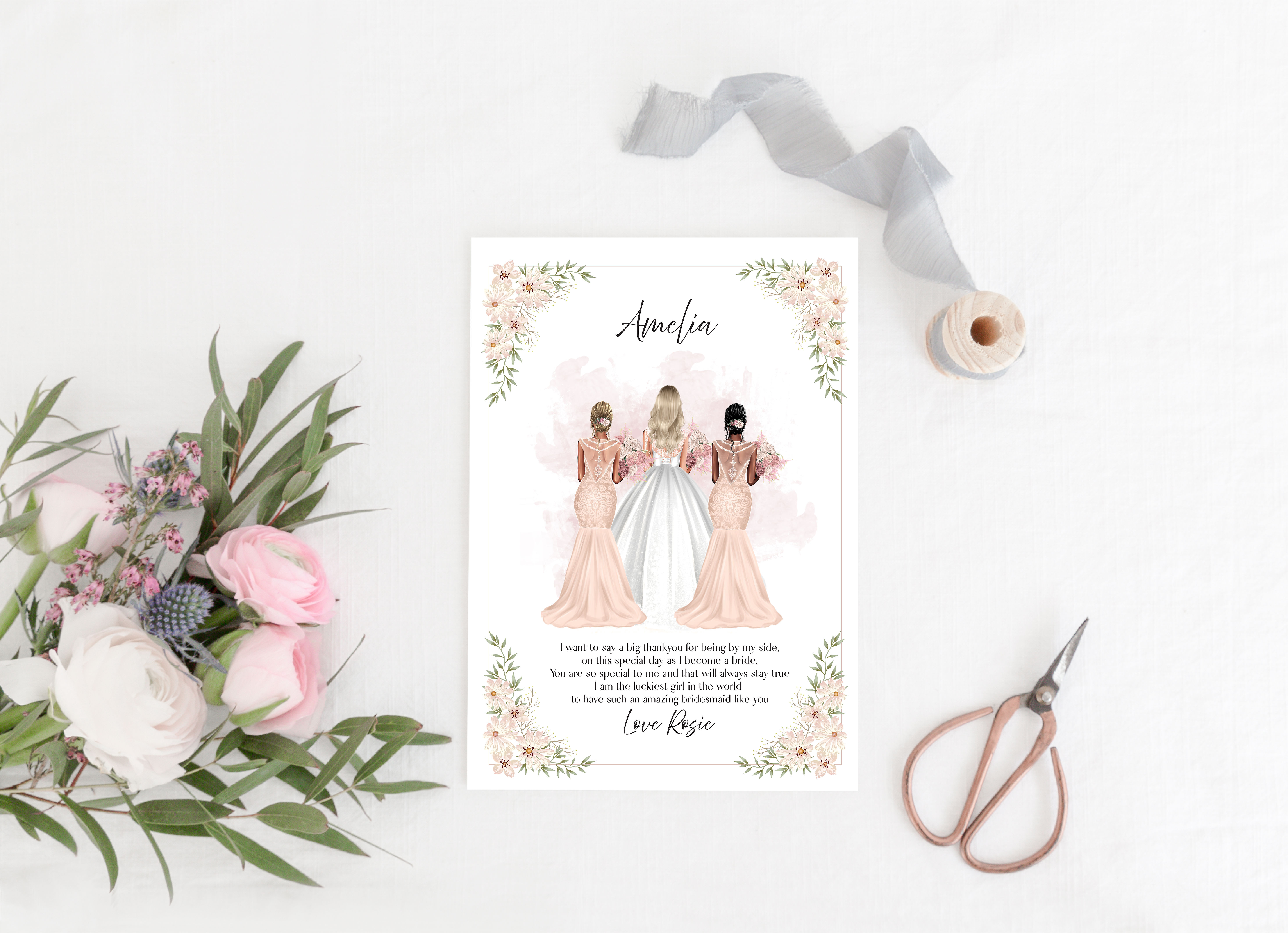 Bridesmaid thankyou A5 card, Bride and groom thankyou for inviting us