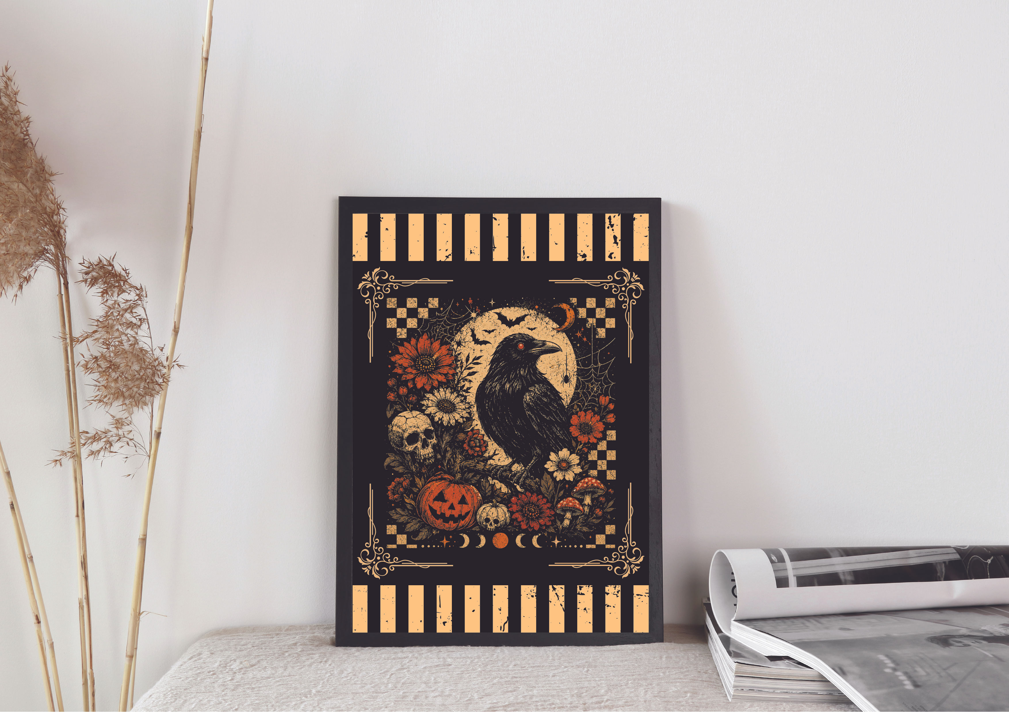 Gothic raven, skulls and pumpkins print A5, A4, A3
